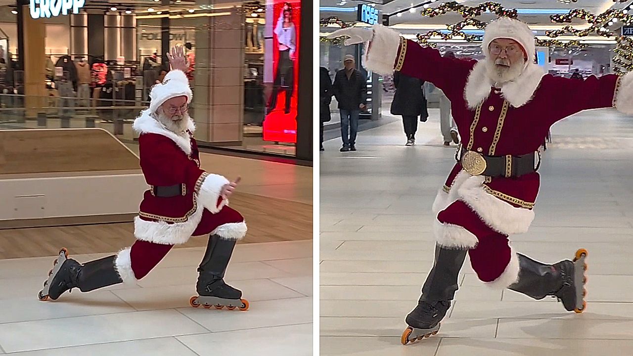 Roller-skating Santa Claus brings Christmas joy to Slovenia mall
