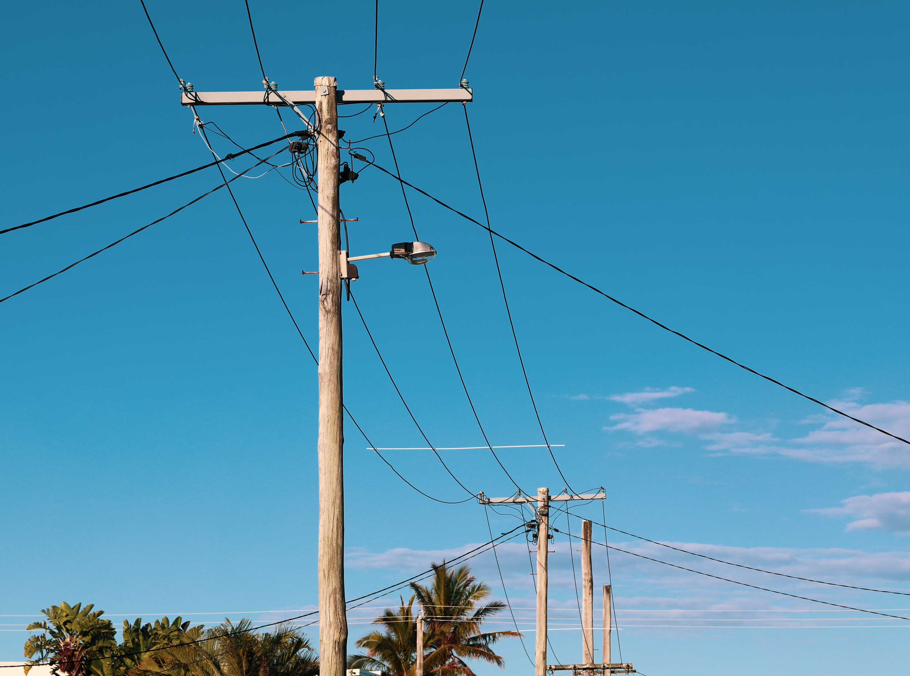 Utility poles and power lines stretch into the distance against a clear sky, with palm trees visible below