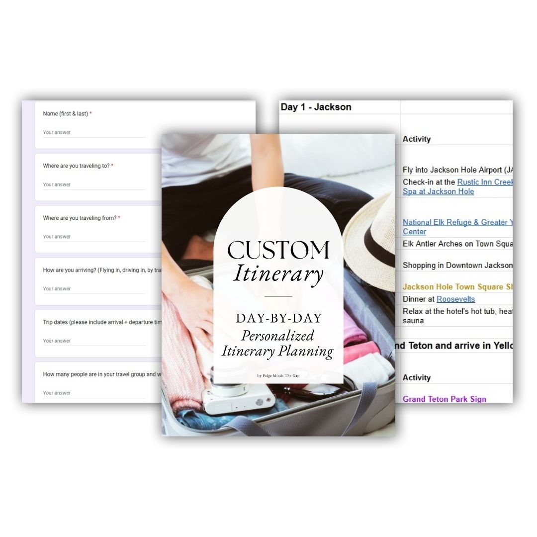 A layered graphic showing a travel-planning product. In the center, a photo of an open suitcase packed with neatly rolled clothes, a camera, sunglasses, and a straw hat is overlaid with text reading ‘Custom Itinerary – Day-by-Day Personalized Itinerary Planning.’ Behind it are blurred screenshots of a travel intake form and a sample day-by-day itinerary, suggesting personalized trip planning