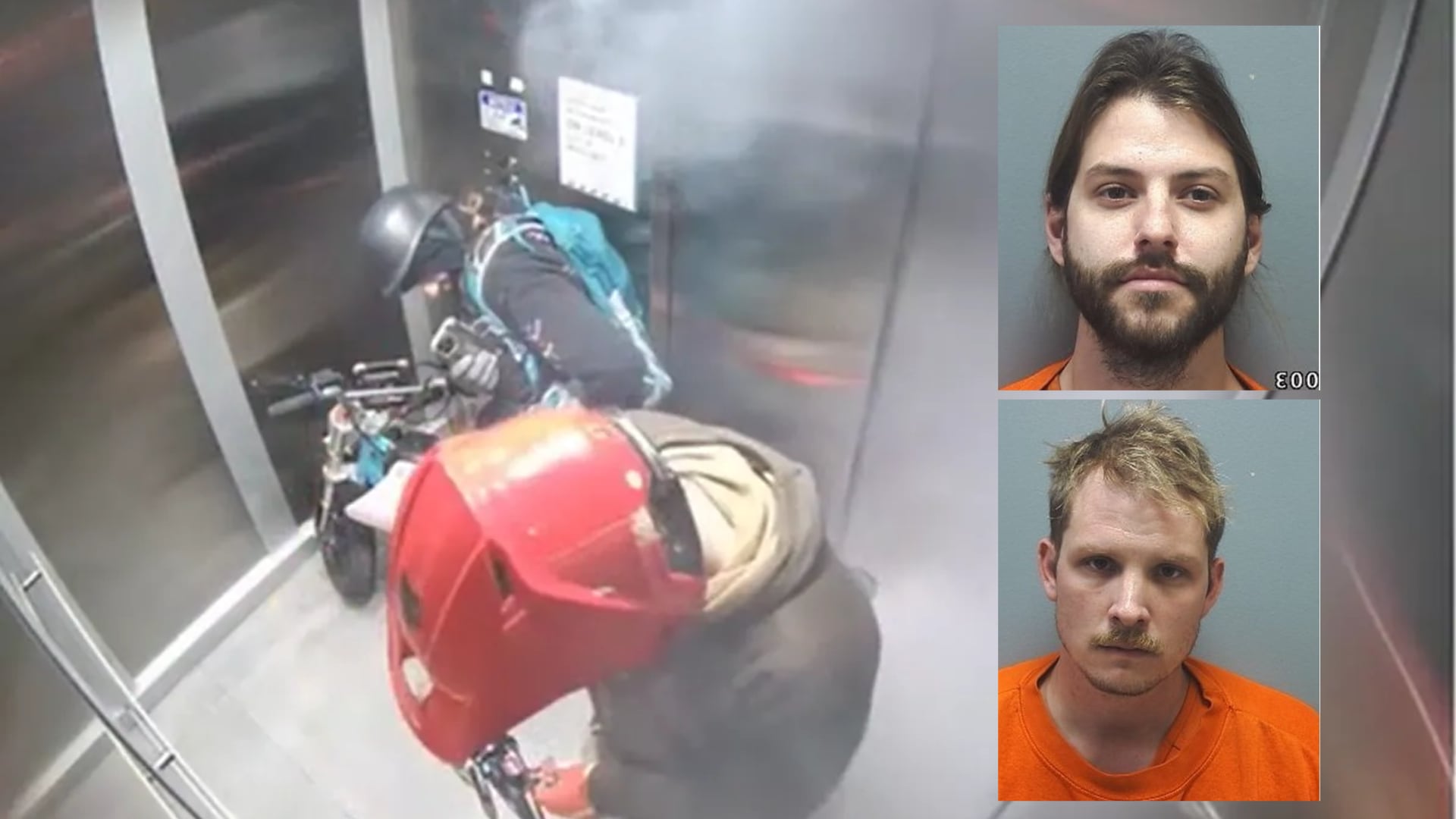 2 arrested after being caught on camera riding motorbikes into elevator ...