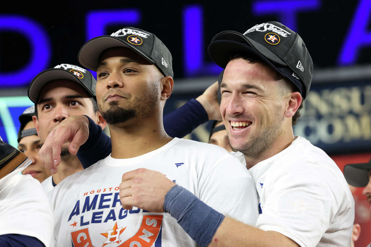 MartÃ­n Maldonado #15 and Alex Bregman of the Houston Astros celebrate after Astros defeated the New York Yankees in Game 4 of the ALCS at Yankee Stadium on Sunday, October 23, 2022 in New York, New York. (Mary DeCicco/MLB Photos via Getty Images)