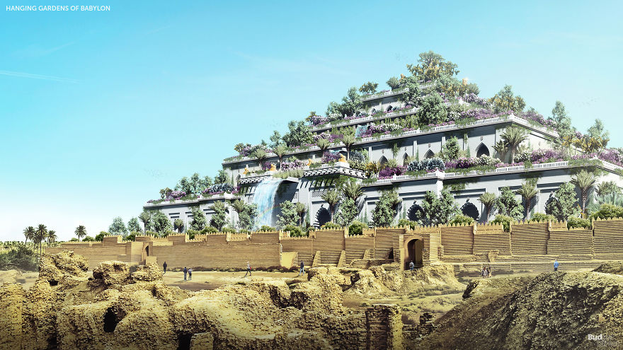 Hanging Gardens of Babylon recreated with lush greenery and ancient architecture showcasing the forgotten wonders of the ancient world.