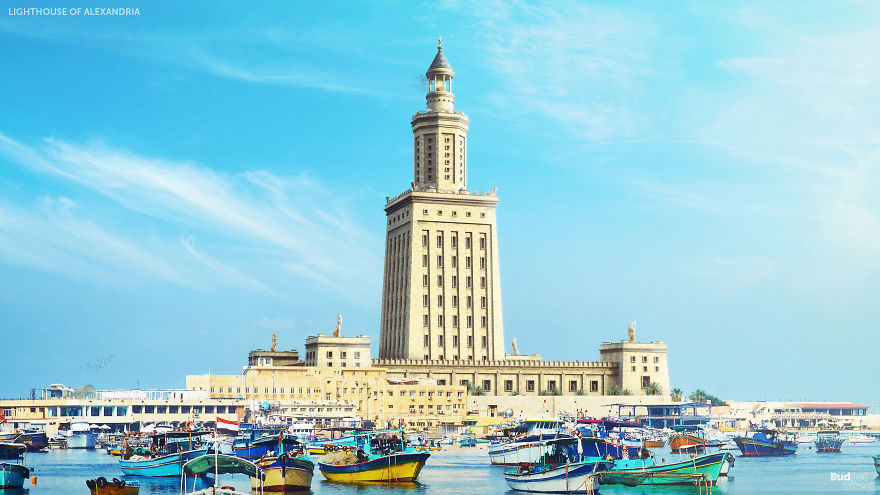 Lighthouse of Alexandria, one of the forgotten 7 wonders of the ancient world, shown as it appeared in its prime.