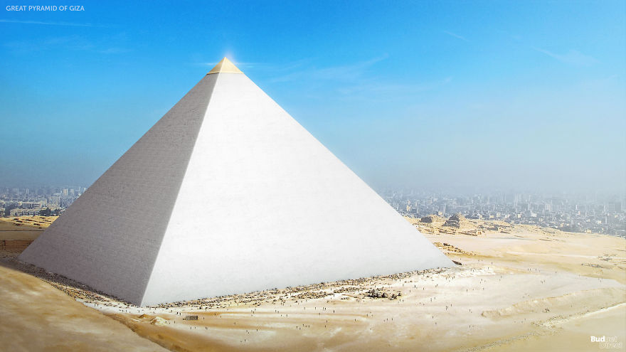Great Pyramid of Giza in its prime, showcasing the ancient world’s forgotten wonders with bright limestone casing and golden apex.