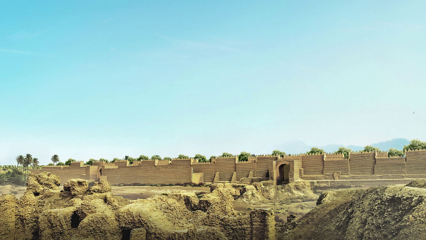Reconstruction of one of the forgotten 7 wonders of the ancient world showing massive stone walls and ruins under a clear sky.
