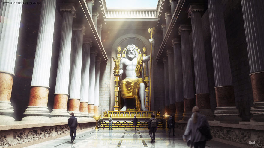 Reconstruction of the forgotten 7 wonders of the ancient world showing the Statue of Zeus at Olympia in its prime.