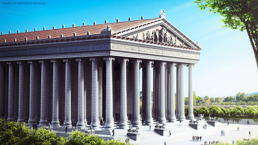 Temple of Artemis at Ephesus with tall marble columns and sculptures, representing forgotten wonders of the ancient world in their prime.