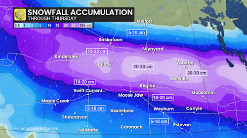 15-30+cm: Major winter storm will move east on the Prairies with more snow