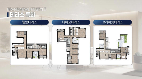 [땅집고] 테라스 특화 설계를 적용한 주택형마다 길쭉한 형태 평면도를 갖게된 모습. /토문건축