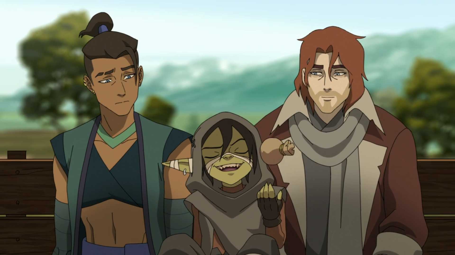 Beau and Caleb looking at Nott while she smiles and throws a bag of money in The Mighty Nein season 1