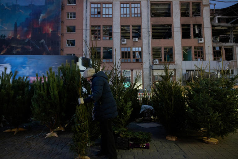 Tetiana Dzhafarova/AFP via Getty Images - PHOTO: A woman carries a Christmas tree at a street market near damaged buildings in Kyiv, Ukraine, on Dec. 24, 2025.