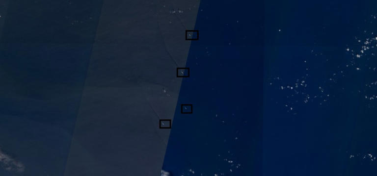 U.S. Navy warships maneuver in the Caribbean Sea captured by the European Space Agency Sentinel-2 satellites on December 24, 2025.