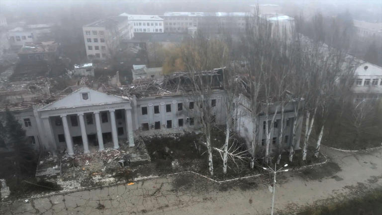 An aerial view of a damaged building at National Technical University in Pokrovsk, Ukraine, shown in early December. (Russian Defense Ministry Press Service/AP)