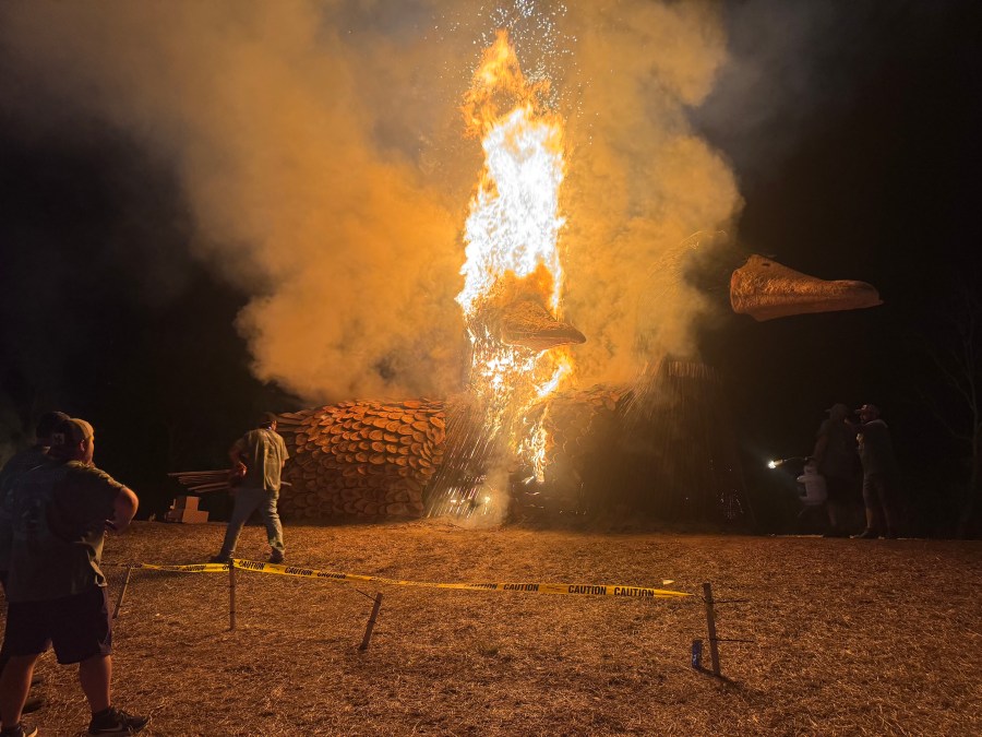 Giant wooden mallards ignite in Garyville’s bonfire spectacle