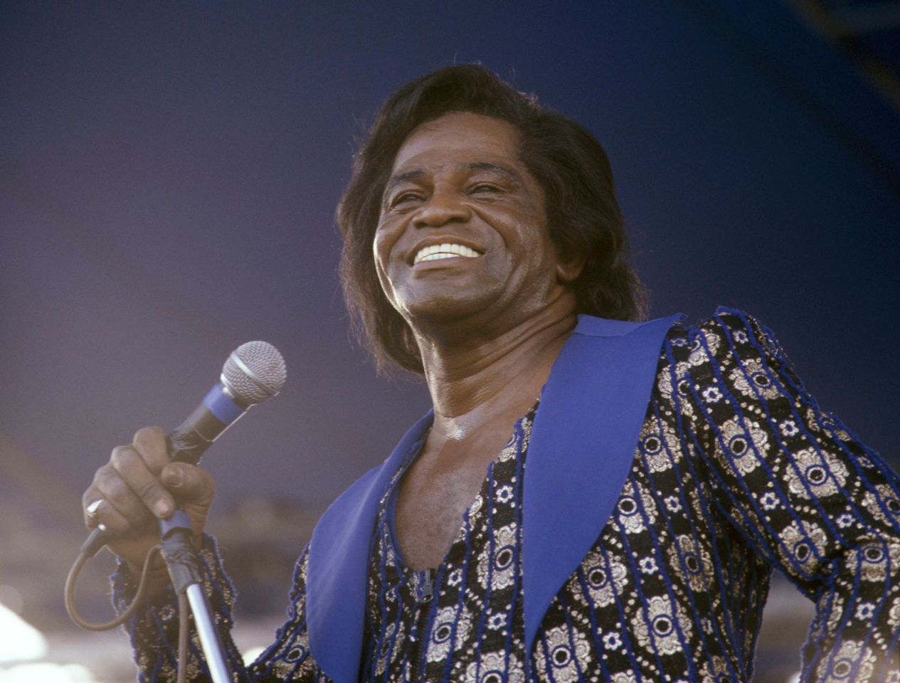 David Redfern/Redferns James Brown on stage at the New Orleans Jazz & Heritage Festival in New Orleans, Louisiana on April 23, 1988