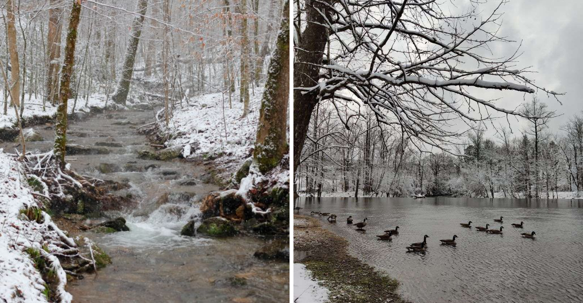A quiet mountain town in Tennessee with a secluded winter atmosphere