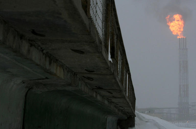 Gas flares off at a liquefied natural gas plant on Sakhalin island, Russia.
