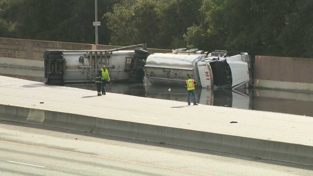 Overturned tanker blocks traffic on Highway 101 in San Jose