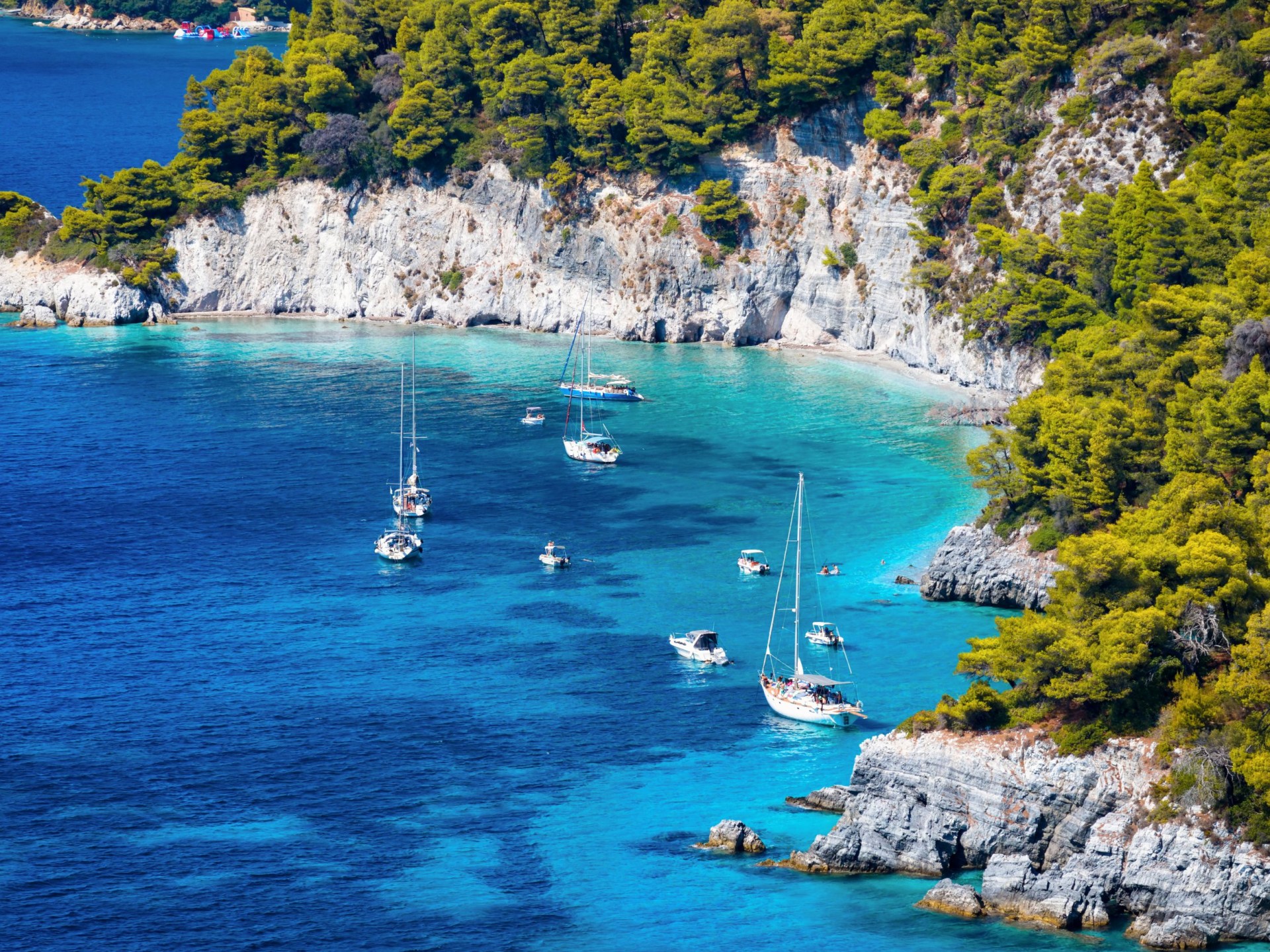A bay with clear blue water and severalwhite boats surrounded by rocky cliffs with trees growing on top.