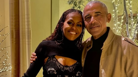 Michelle Obama looks stunning in sheer black dress in Christmas pic ...