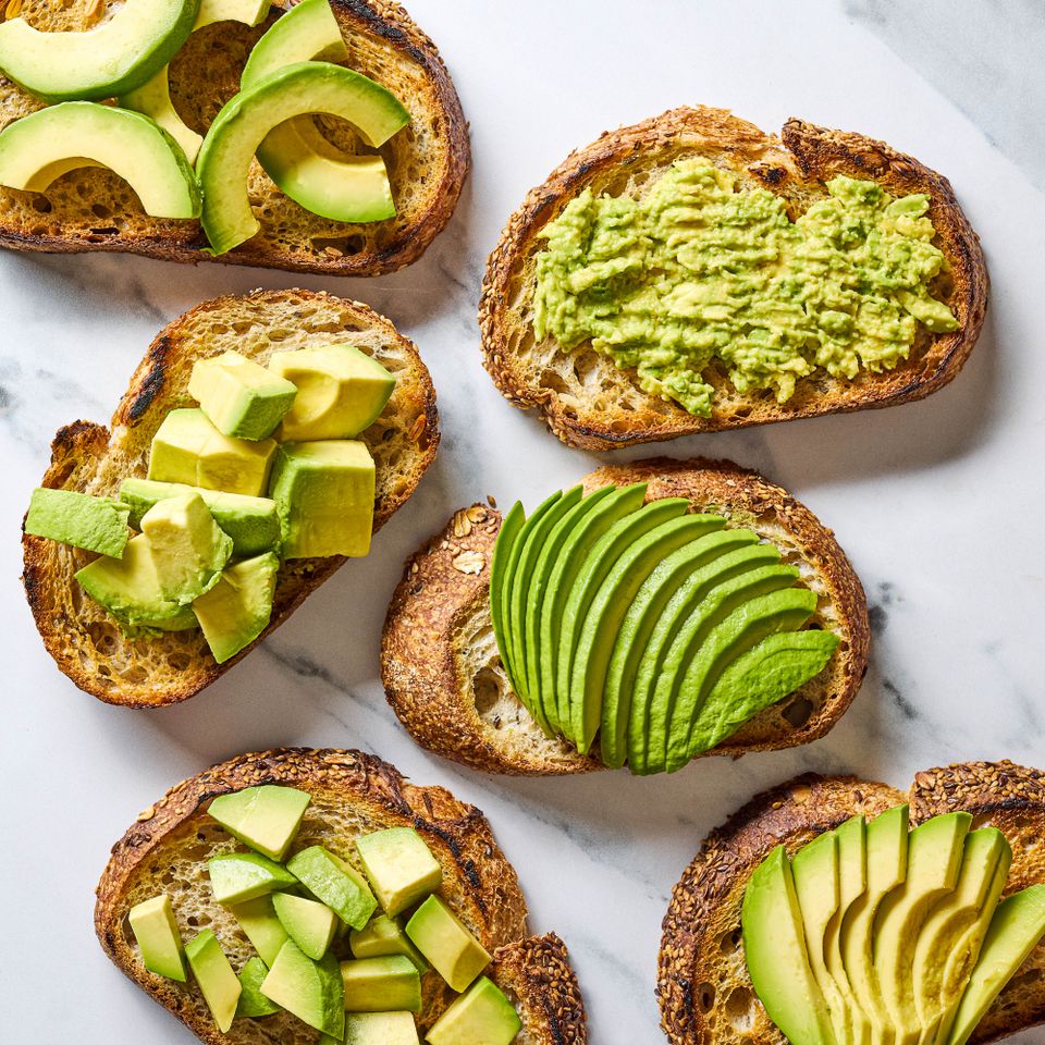 avocado toasts with examples of avocado chopped, mashed and sliced