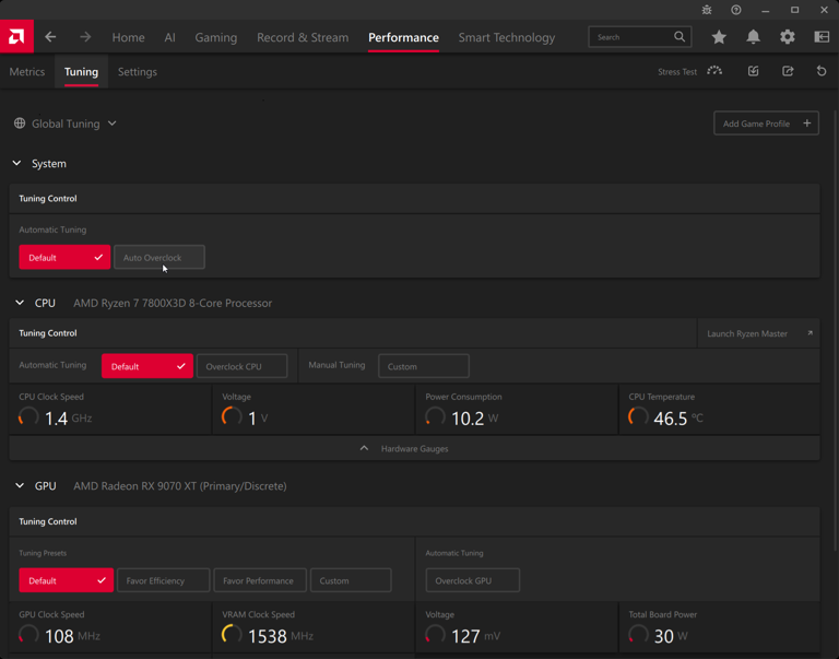 A screenshot of AMD's adrenalin software, showing the Tuning screen
