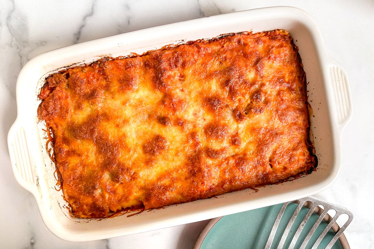 4-ingredient ravlioli lasagna in a casserole dish