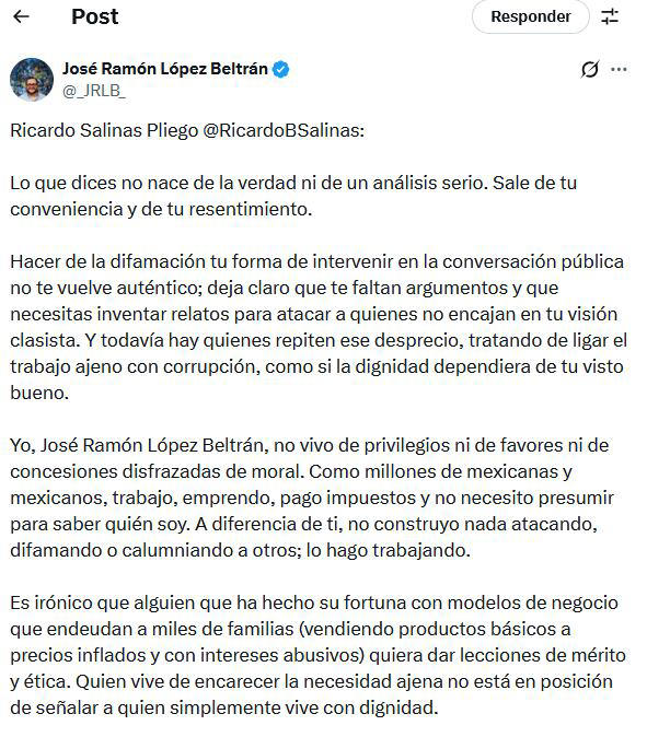José Ramón López Beltrán responde a Salinas Pliego (25/12/2025). Foto: Captura de pantalla