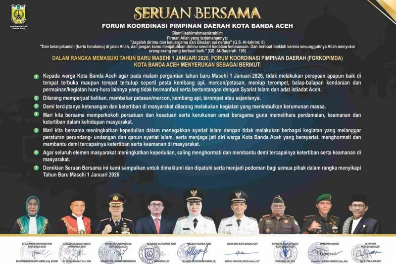 Forkopimda Banda Aceh Larang Rayakan Tahun Baru 2026
