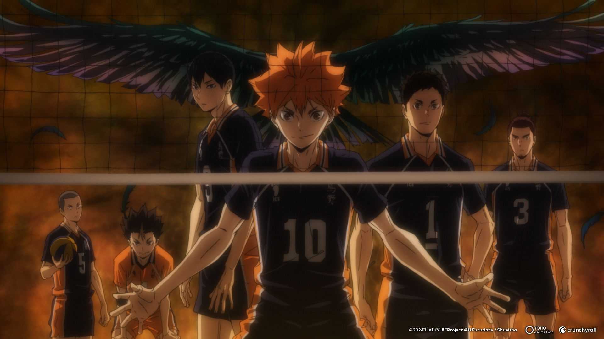 The Karasuno High volleyball team with crow wings in the background in Haikyu!! The Dumpster Battle