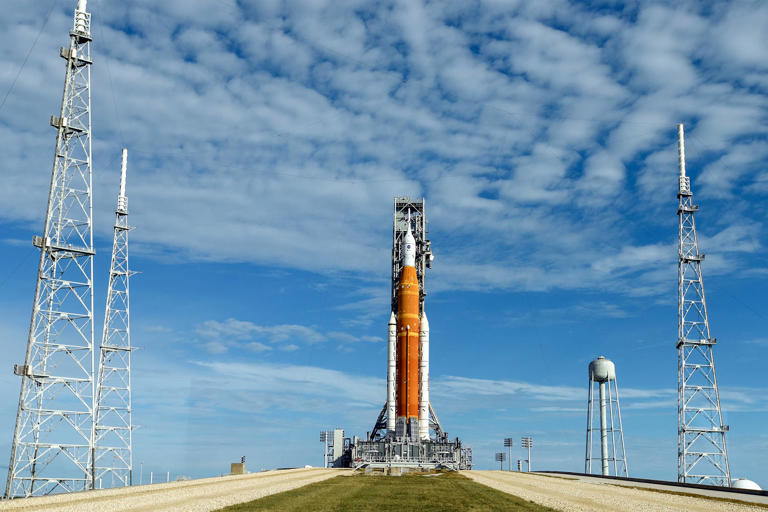 The Space Launch System and Orion spacecraft sit on the launch pad ahead of liftoff in November 2022 at the Kennedy Space Center in Cape Canaveral, Florida. (Red Huber / Getty Images)
