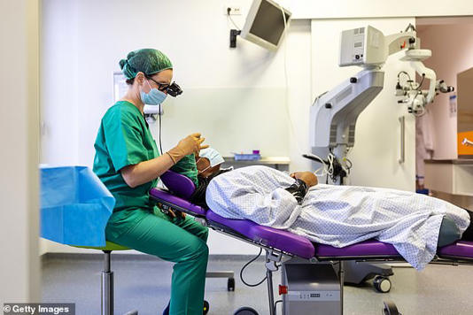 Side view of a doctor examining patient's eye during surgery
