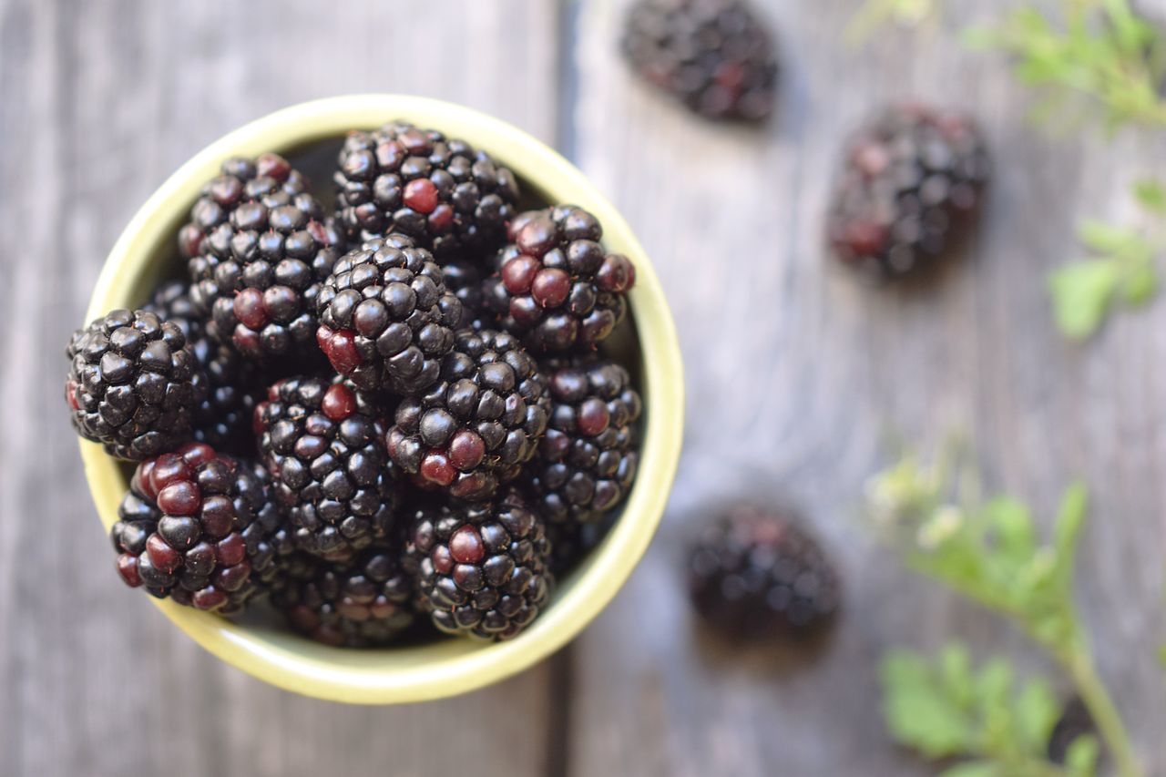 A close-up, in-focus shot of a bowl of fresh blackberries on a wooden table, with loose berries scattered and blurred in the background.