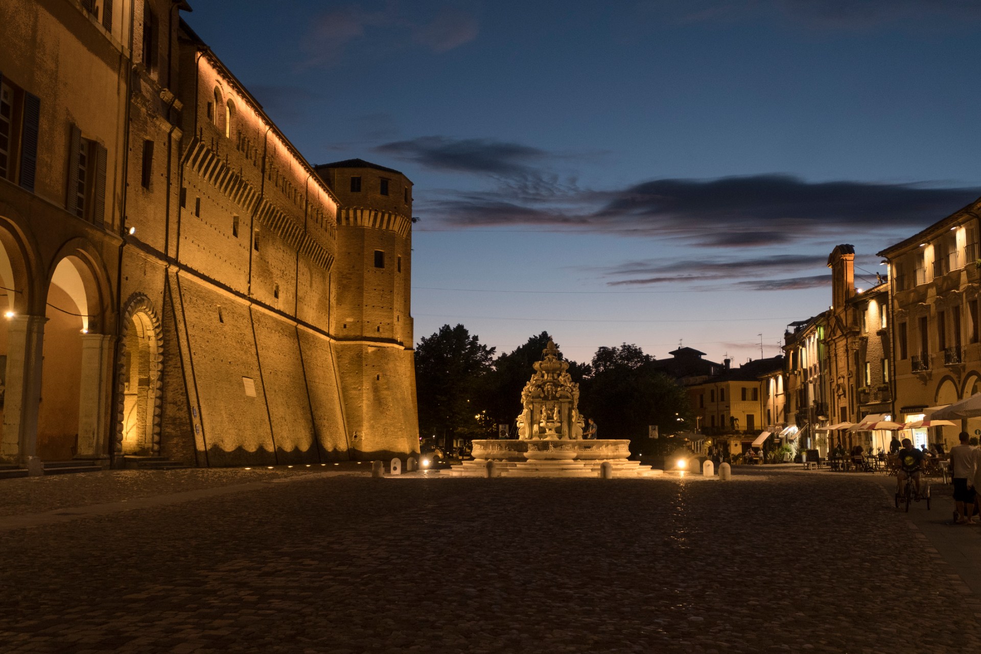 The castle in Cesena, Italy, at night.