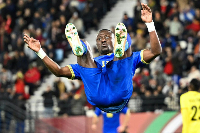 Simon Msuva celebrates scoring for Tanzania against Uganda in Rabat