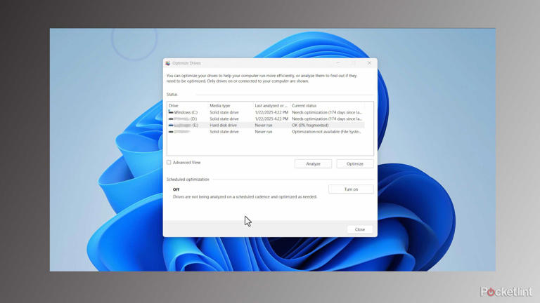 The Optimize Drives utility in Windows 11.