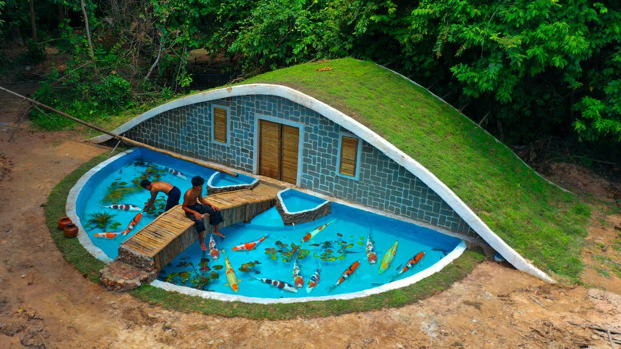 Building an underground house with a beautifully designed fish pond