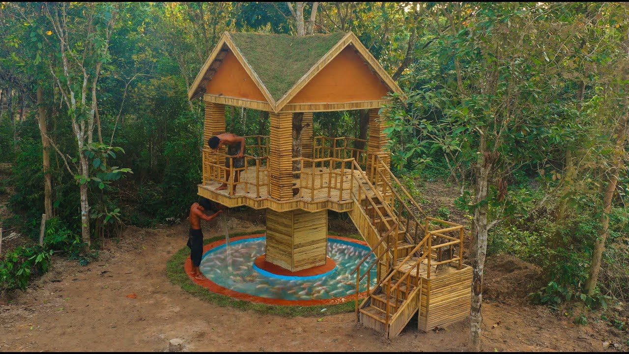 Building a fish pond for our bamboo Minecraft treehouse in Thailand