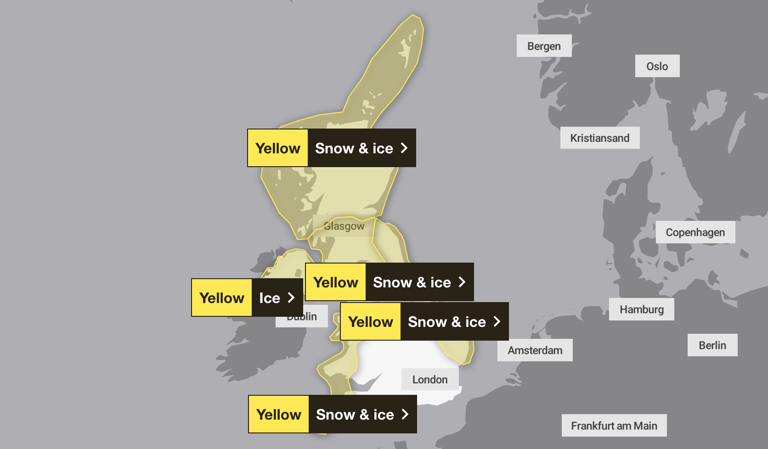 Met Office maps show new snow and ice warnings as UK schools close