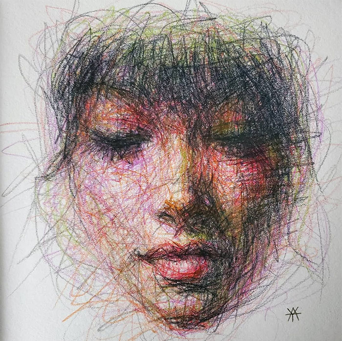This self-taught artist draws female portraits entirely by scribbling ...