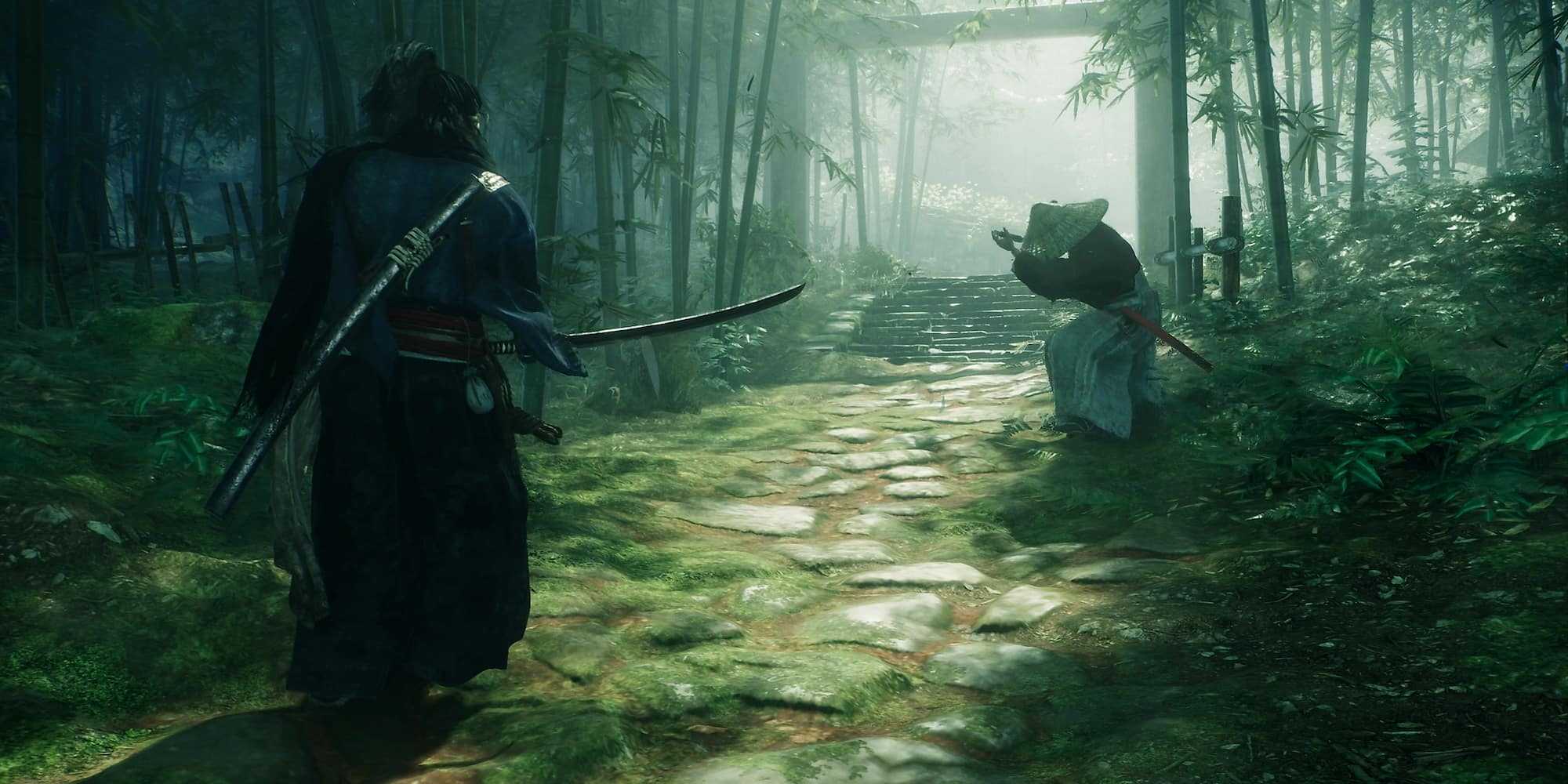 Rise of the Ronin Duel in a bamboo forest between two swordsmen with katanas