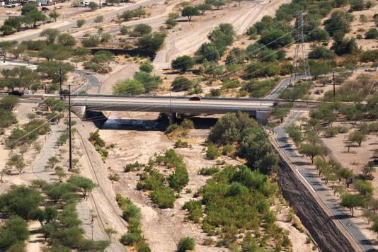 The Santa Cruz river is seen dry in Tucson, Arizona on September 18, 2025.