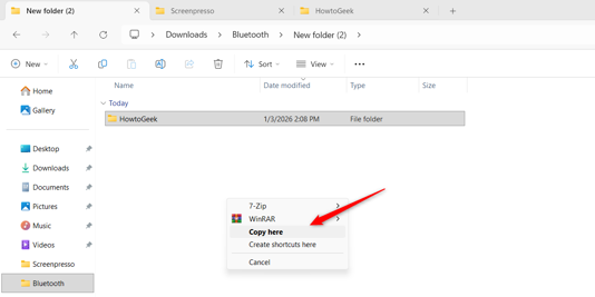 Using the right-click to drag a file to open menu for copying a file or creating shortcut.