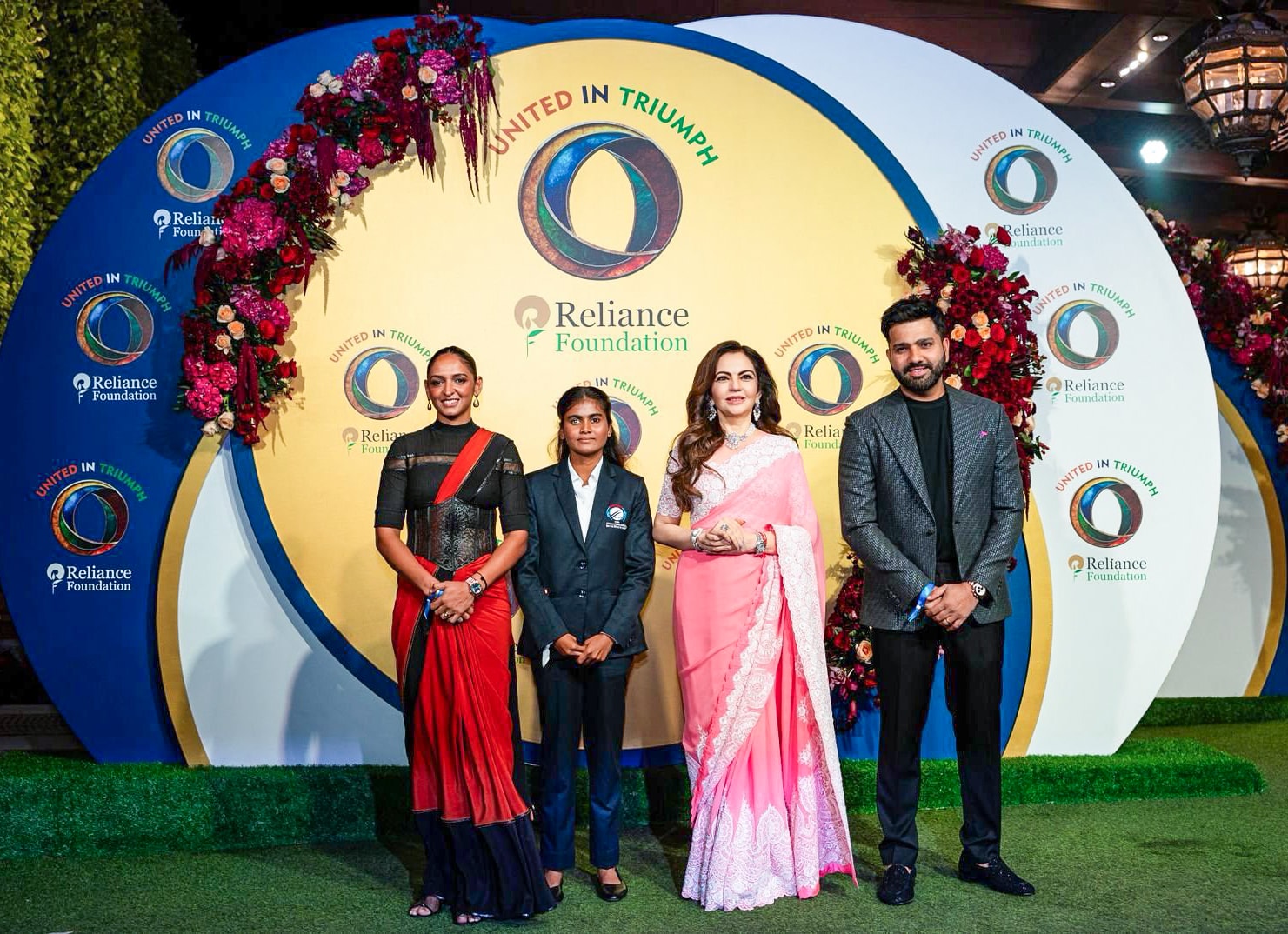 Mumbai, Jan 05 (ANI): Captains of the three World Champion Cricket teams, including the Indian Blind Women’s team captain Deepika TC, Rohit Sharma and Harmanpreet Kaur, alongside Founder-Chairperson of Reliance Foundation Nita M. Ambani, at the second edition of the United in Triumph event in Mumbai on Monday. (ANI Photo)