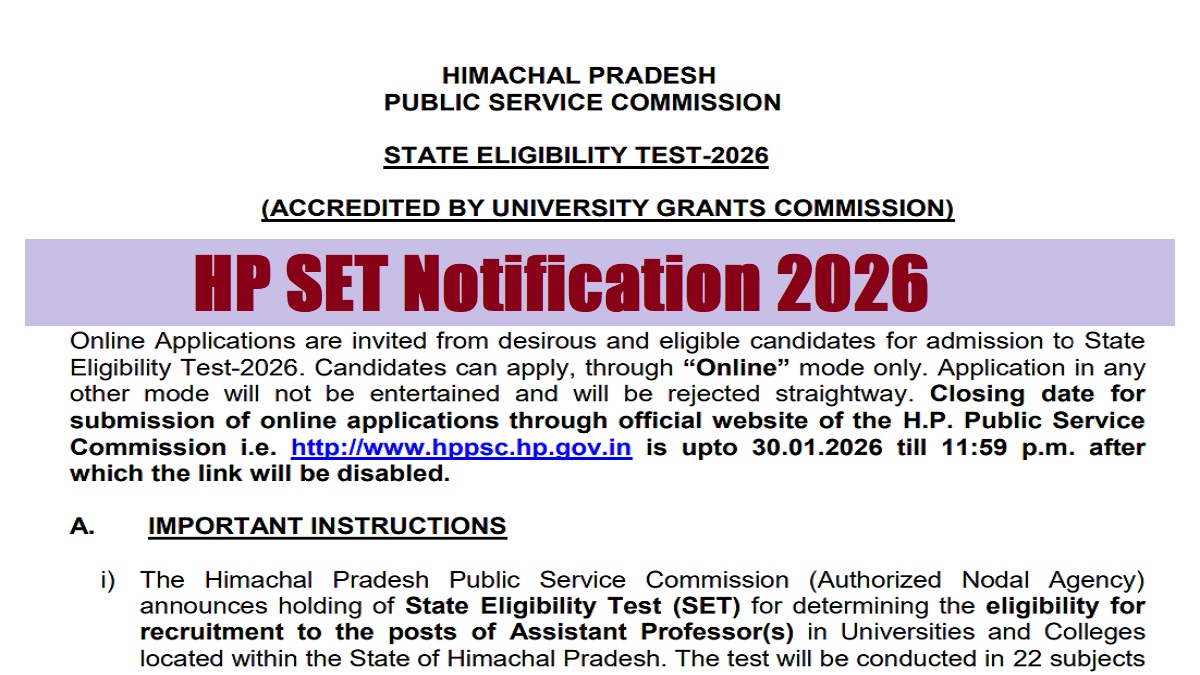 HP SET notification 2026 out: Application form link active at hppsc.hp ...