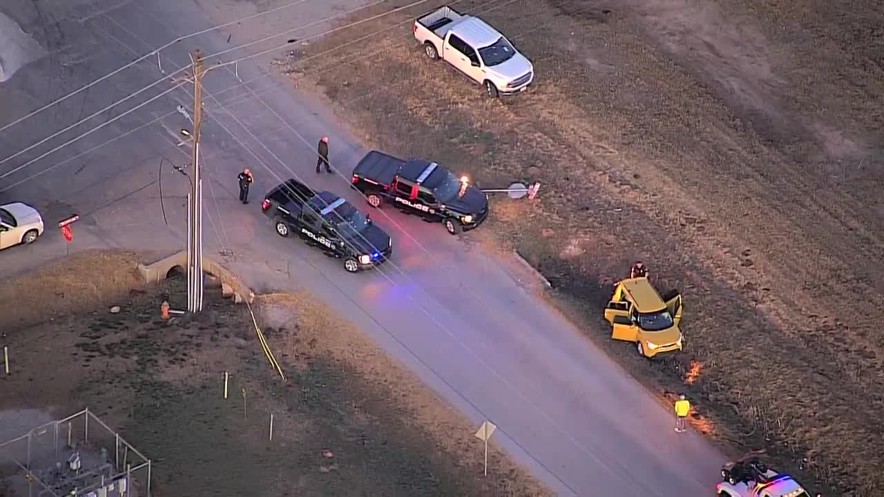 Sky 5 shows scene where car crashes into ditch near Del City