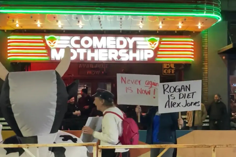 'Diet Alex Jones:' Protesters rally outside Joe Rogan’s comedy club