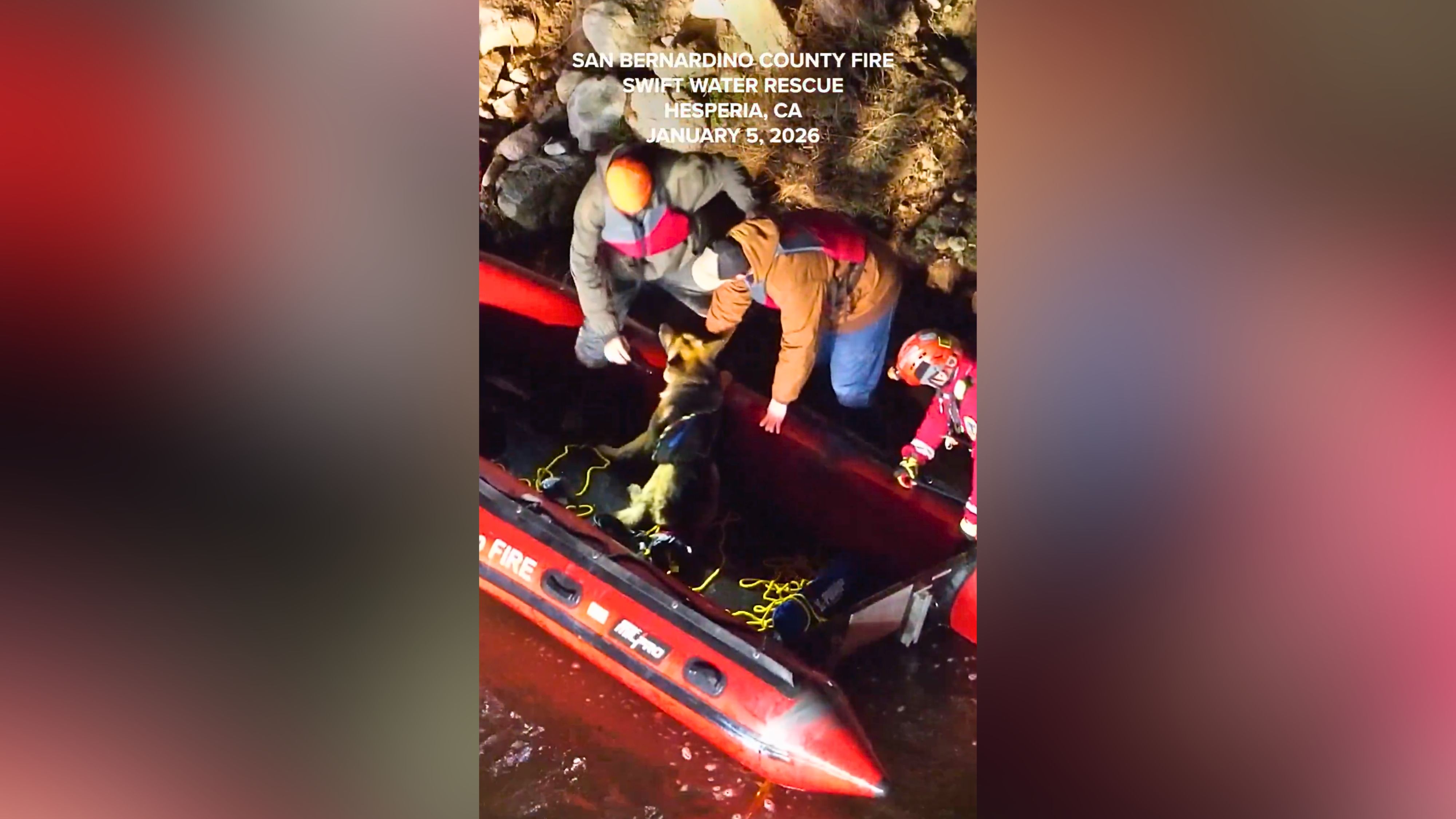 Two men, dog rescued from fast-moving Mojave River<br>