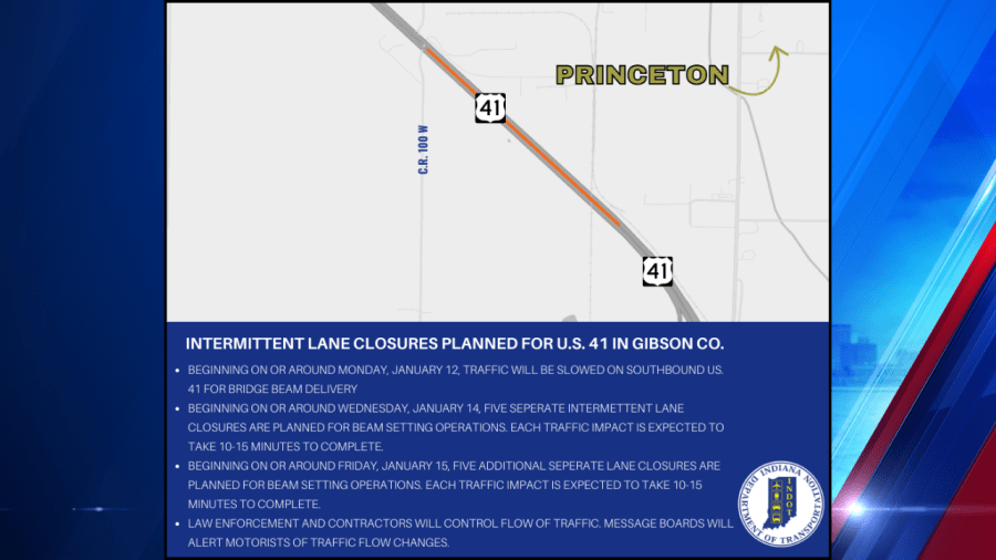 Intermittent lane closures planned for US 41 in Gibson County