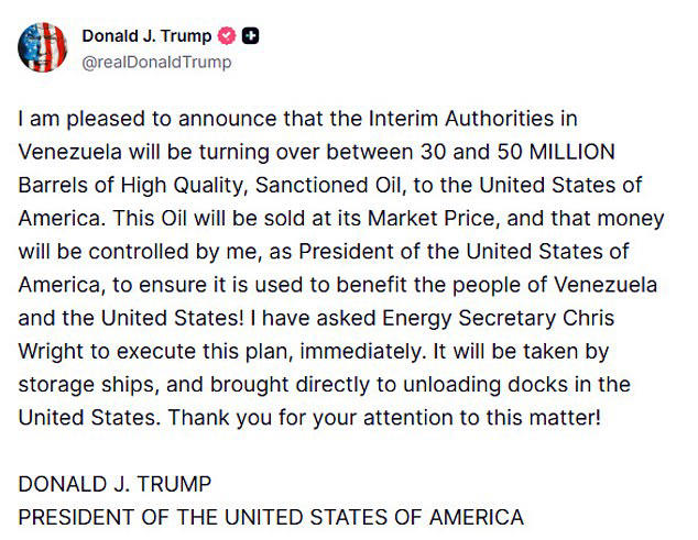 Trump forces Venezuela to turn over 50 million barrels of oil to US and ...